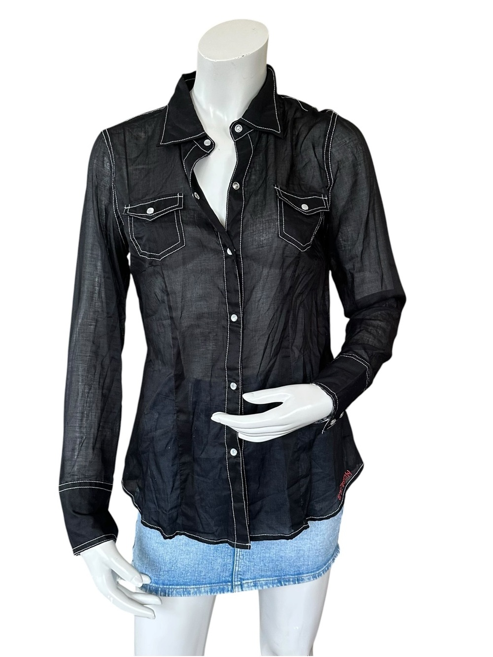 Stetson Ladies 100% Cotton Black Sheer Pearl Snap Button Down Western Top Small